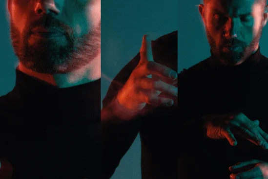 Dark, moody portrait of Jean-Michaël Lavoie in three panels.