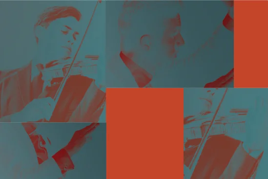 Violinist in blue and red tone collage.