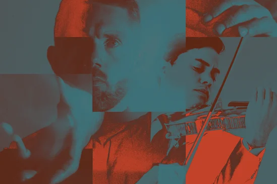 Violinist in blue and red tone collage.